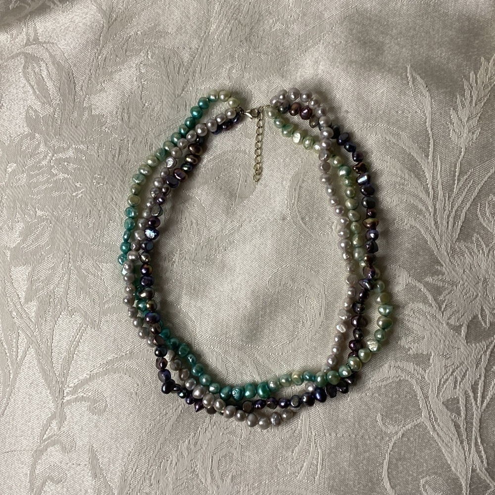 Sterling Silver Triple Strand Multi Colored Pearl Necklace - Picture 3 of 6